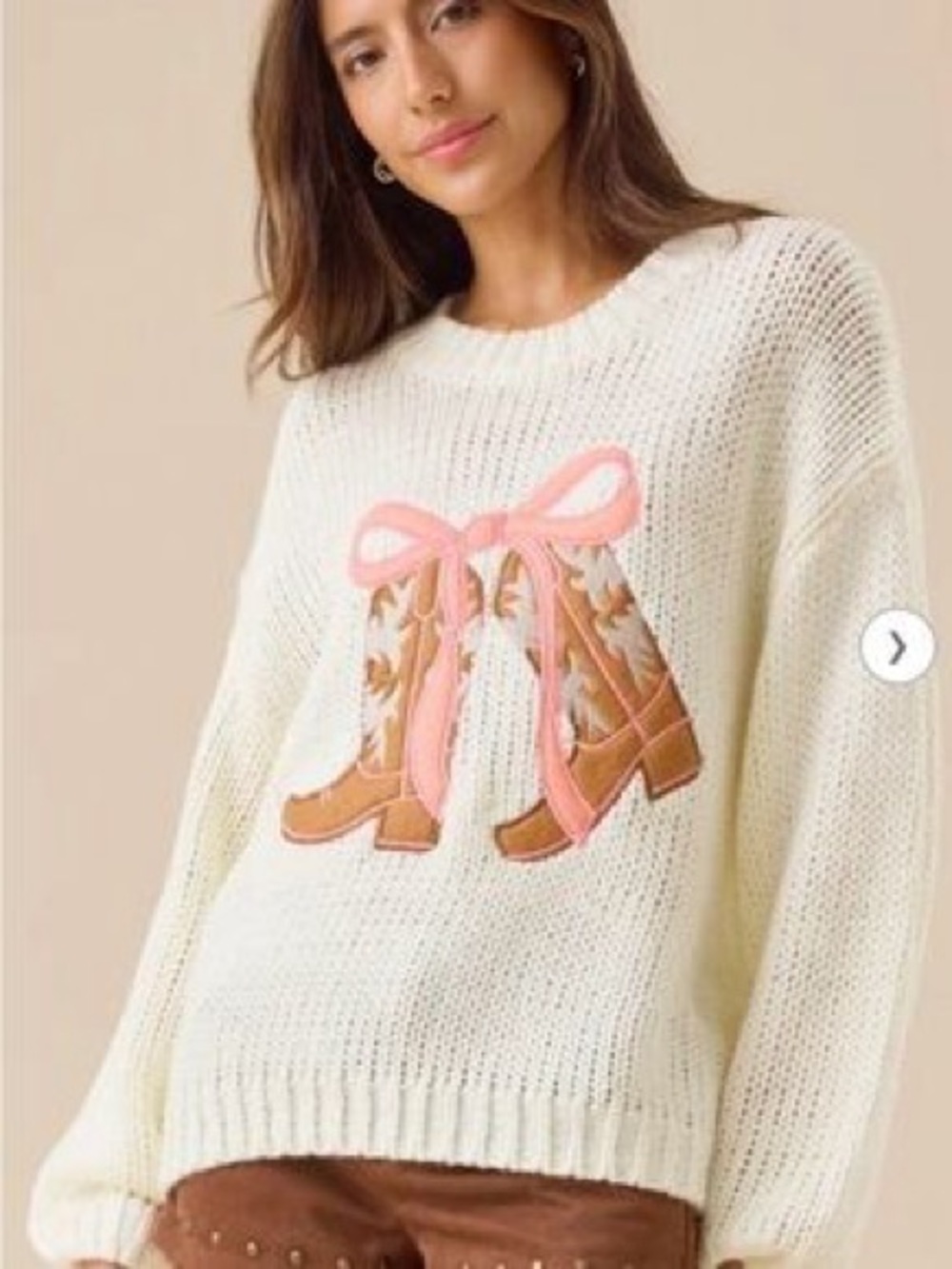 Altar’d State Ivory Crewneck Sweater with Pink Bow Boots